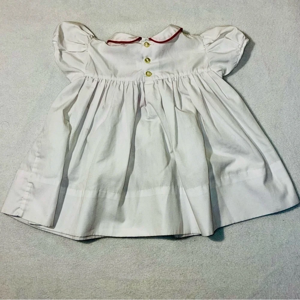 Vtg Imperial Smocked Christmas White & Red Dress Embroidered Ribbon 18mos